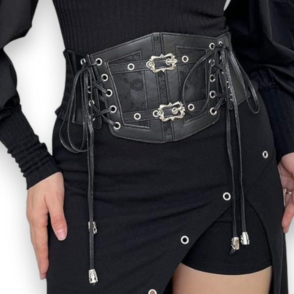 Black Lace Up Corset Belt - Filigree Buckle Waist Cincher Whimsigoth NWT